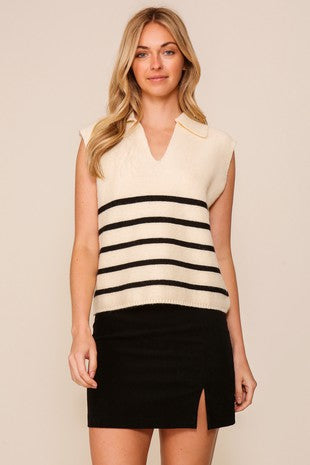 Collared Striped Sleeveless Sweater
