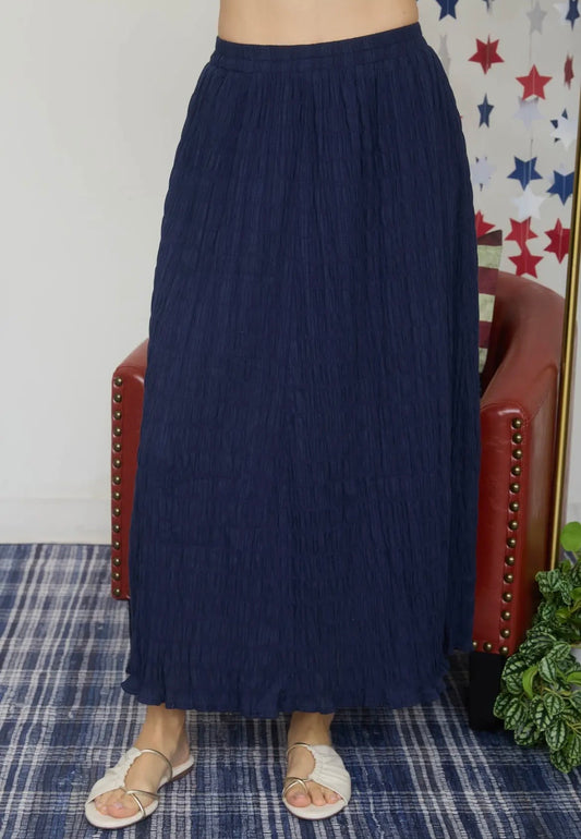 Shirred elastic waist midi skirt