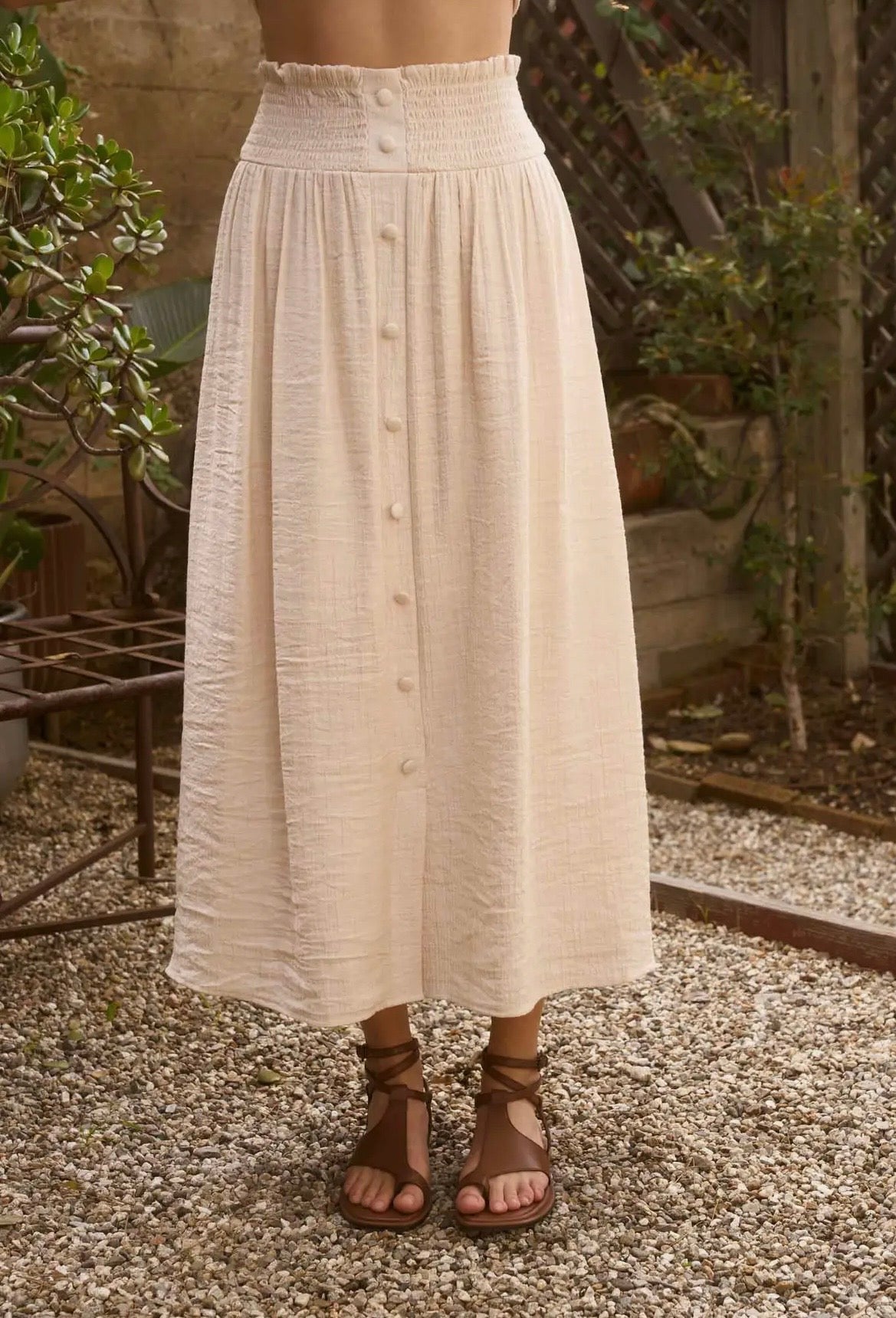 Smocked waist button down midi skirt