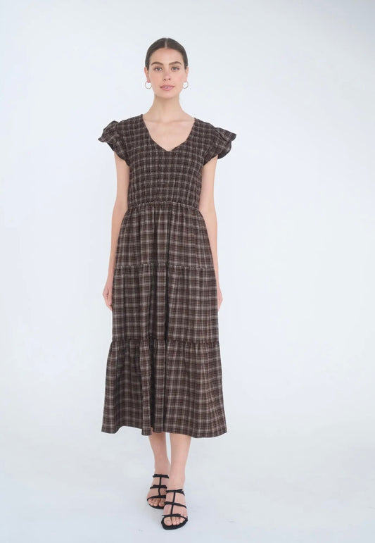 Plaid V-neck Smocked Midi Dress