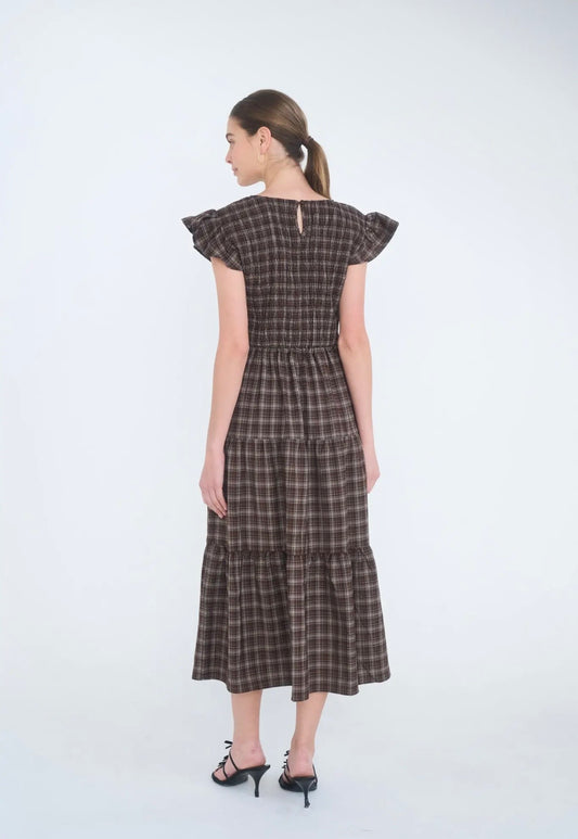 Plaid V-neck Smocked Midi Dress